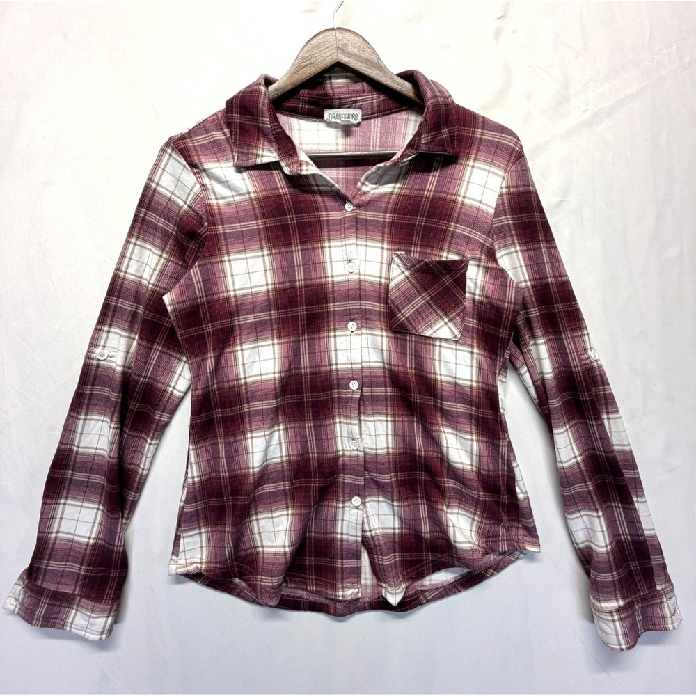 Orange Kiss Flannel Shirt Womens M Multicolor Plaid Roll Tab Sleeves Button Up